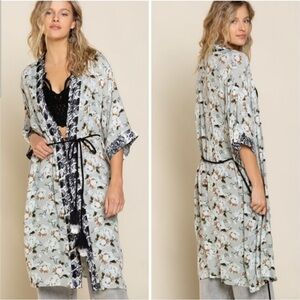 POL Floral Duster Kimono Tassel Tie Animal Print Boho Indie Hippie Size M